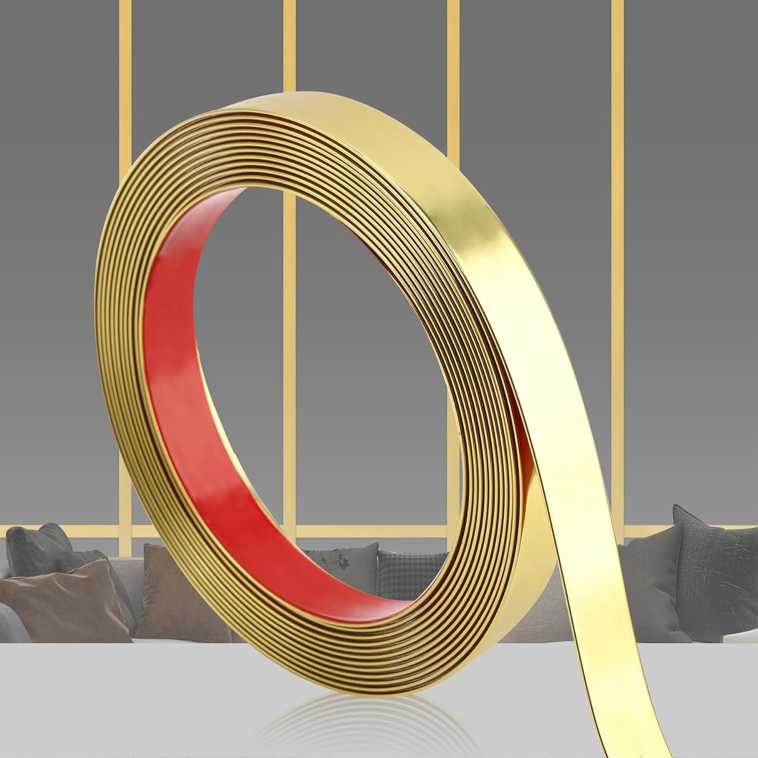 Glossy gold PVC trim applied to a wall edge in a modern living room